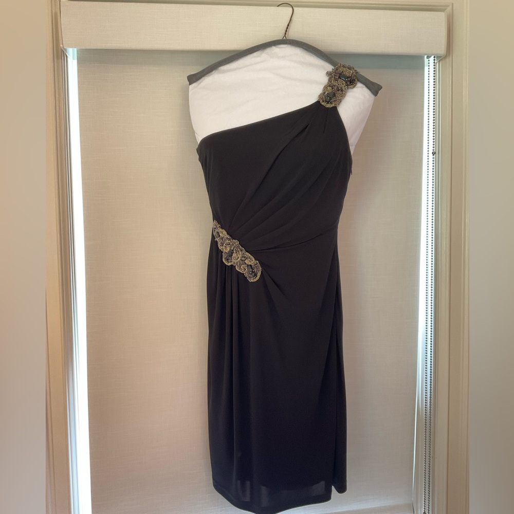 David Meister Asymmetric Off the Shoulder Evening Dress with Beaded Accents